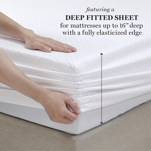 Martha Stewart Ultra Soft Brushed and Washed Microfiber 4 Piece Sheet Set, Easy Care, Comfy Sheets with Deep Pocket, 1 Flat Sheet, 1 Fitted Sheet, 2 Std. Pillowcase, Full Size, White & Blush Pink