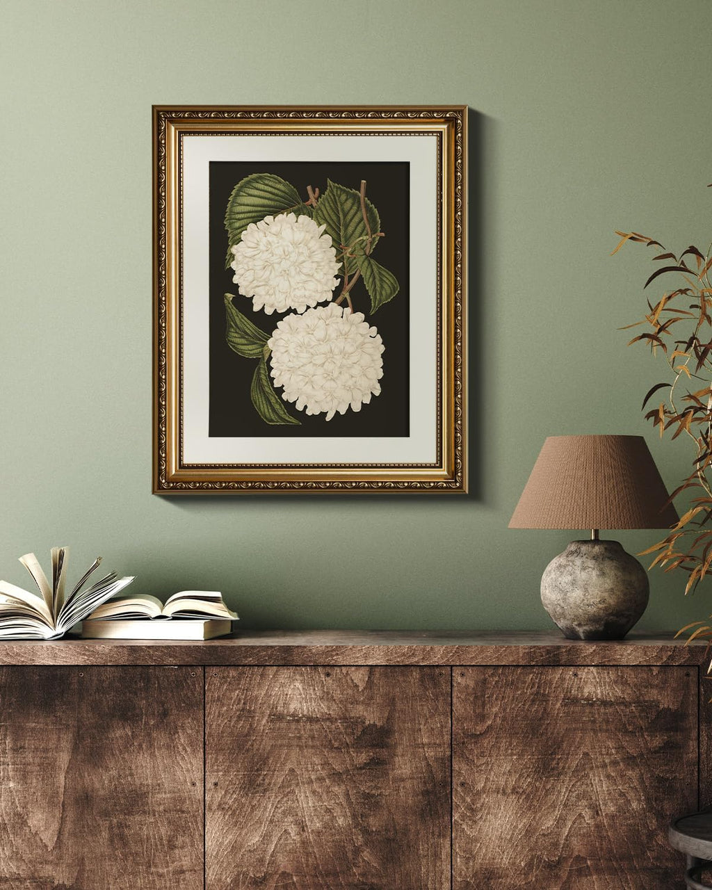 VIYYIEA Gold Framed Canvas Print - White Hydrangea Oil Painting for Elegant Home Decor | 13x16in