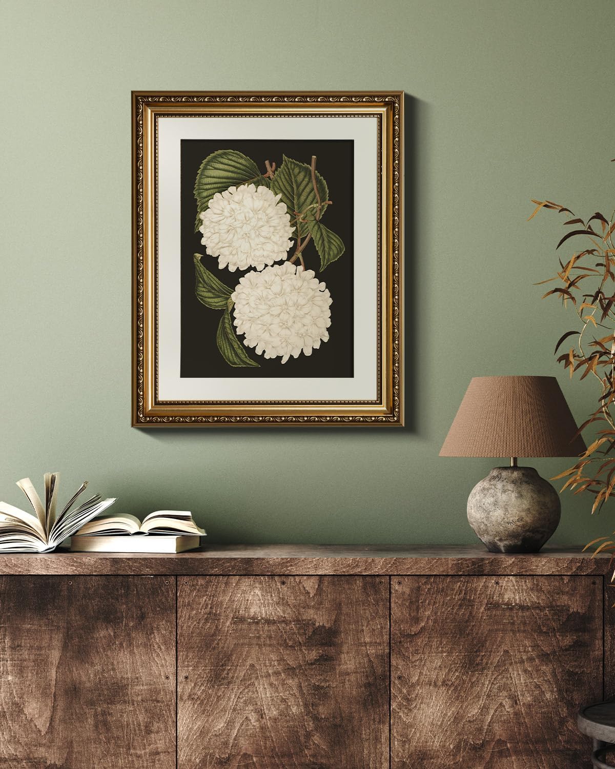 VIYYIEA Gold Framed Canvas Print - White Hydrangea Oil Painting for Elegant Home Decor | 13x16in