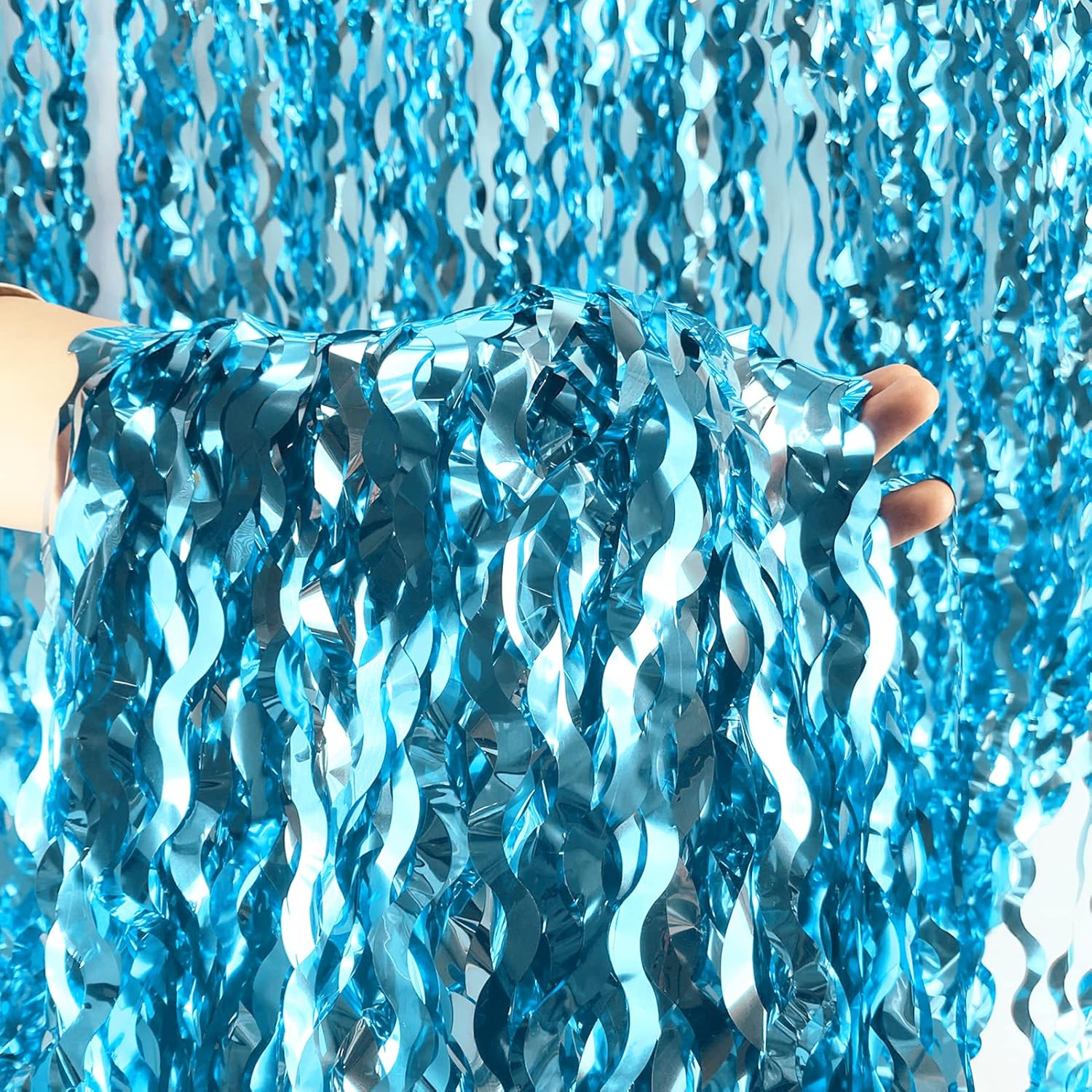 Skiennix Wavy Tinsel Foil Fringe Curtains - Teal Blue Streamers Backdrop for Ocean-Themed Parties | 2 Pack, 3.2 ft x 6.6 ft