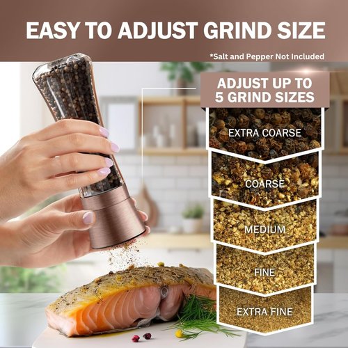 Home EC Original Copper Salt and Pepper Grinder Set of 2 - Adjustable Ceramic Grinder - Tall Glass Salt and Pepper Shakers With Funnel and Ebook - Kitchen Spice Mill - Copper Kitchen Accessories