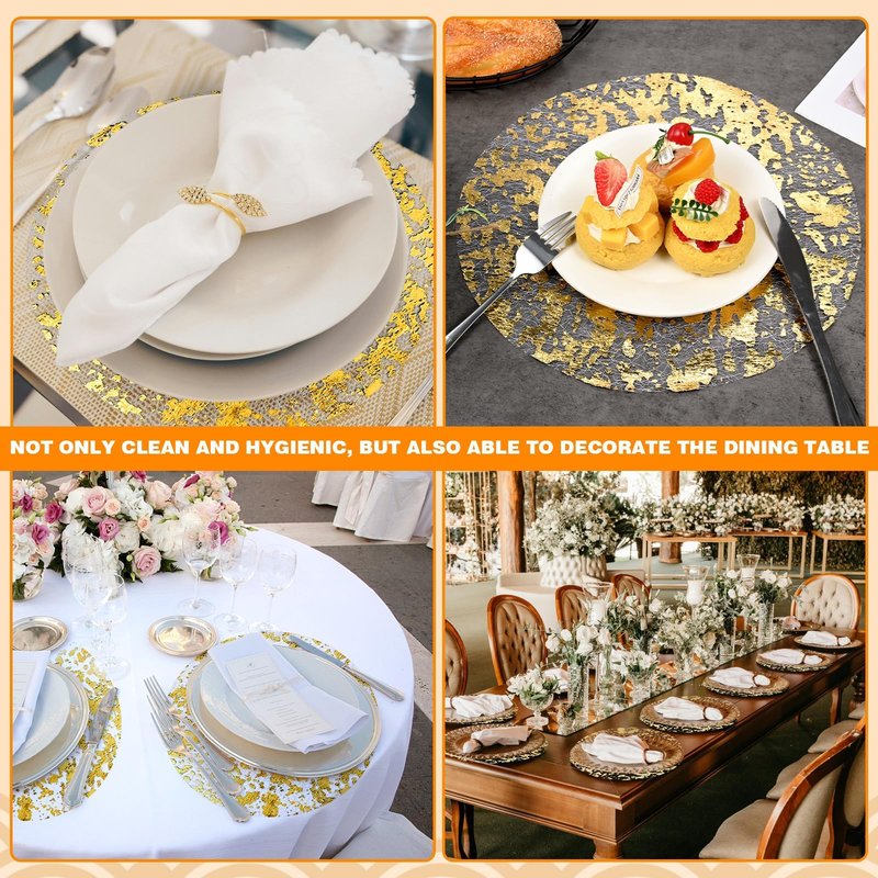 100 Piece Gold Placemats Disposable Round Table Mat 13 Inch Gold Foil Mesh Pressed Foil Paper Placemat Tablecloths Table Runner for Party Wedding Home Dinners Table Decor