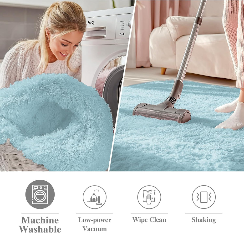 OLANLY Round Light Blue Area Rug - Soft, Fluffy, Machine Washable 9 ft Carpet for Bedroom & Living Room