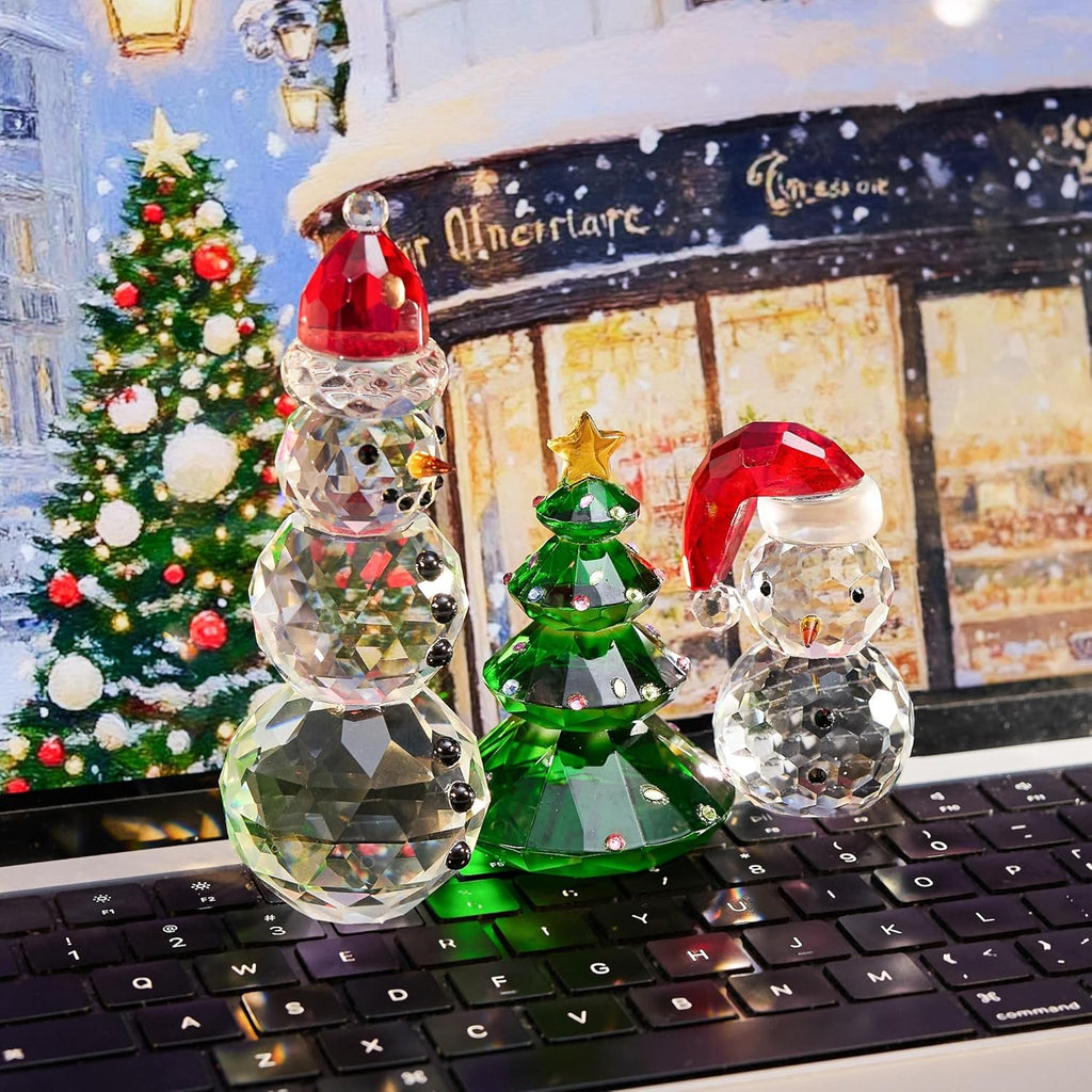 QFkris Crystal Snowman & Tree Figurines Set - Elegant Glass Christmas Decor | Small Size