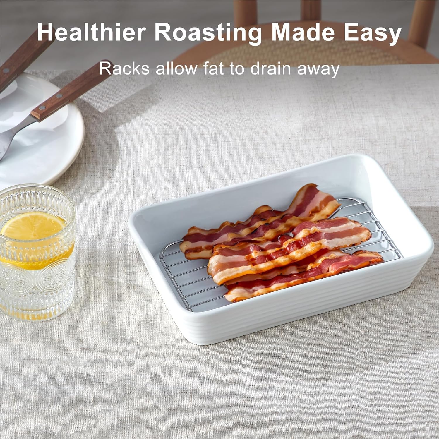 ONEMORE Baking Dishes - Large 9x13 Ceramic Casserole Set with Roasting Racks | 3QT, 2.1QT, 1.3QT Sizes