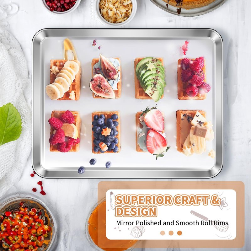 Stainless Steel Baking Sheet Set of 2, Deedro Cookie Sheet Metal Baking Pan Oven Tray, Non Toxic & Heavy Duty, Rust Free & Mirror Finish, Easy Clean & Dishwasher Safe, 16 x 12 x 1 Inch