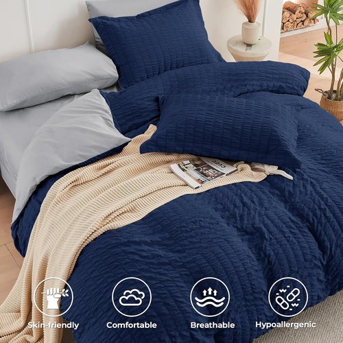 HYMOKEGE Comforter Set - Navy Blue & Light Grey Seersucker | 7-Piece All-Season Luxury Bedding Set