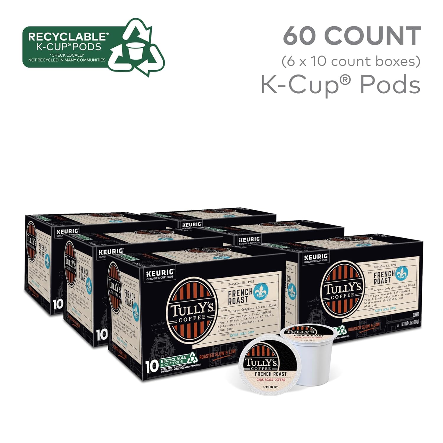 Tully's Coffee French Roast K-Cup Pods - Dark Roast Coffee, 60 Count (6 Packs of 10)