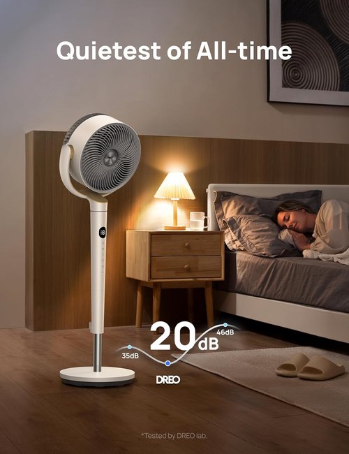 Dreo Oscillating Standing Fan - Quiet 120° Pedestal Fan with 9 Speeds & Adjustable Height (37-42") - White