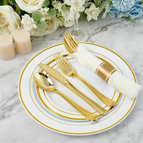 30 Pack Pre Rolled Gold Plastic Cutlery, Disposable Heavy Duty Silverware Set - 30 Forks, 30 Spoons, 30 Knives, 30 Napkins, Disposable Cutlery Set for Catering, Parties, Dinners, Weddings