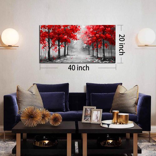 Tree Wall Art for Living Room, Black White and Red Canvas Wall-Decor for Bedroom, Size 20x40 Inches