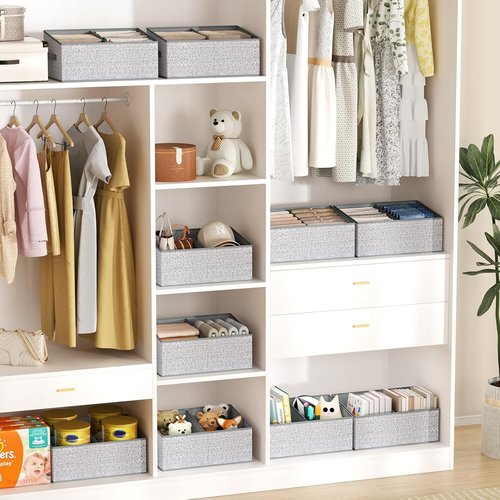 DIMJ Large Closet Shelf Organizer Bins - 6 Pack Fabric Trapezoid Storage Baskets with Handles | Grey Foldable Containers for Clothes, Towels, Toys, and More