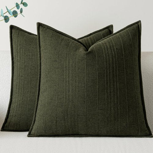 a moment Linen Pillow Covers Set of 2,Boho Farmhouse Throw Pillowcases Neutral Textured Decorative Covers for Couch Sofa,Linen Blend Accent Case Cushion Living Room Home Decor 18"x18"Dark Green
