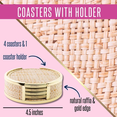 Lilly Pulitzer Gold and Raffia Coasters for Drinks with Holder, Cute Coaster Set of 4, Decorative Coasters for Coffee Table Protection, Raffia