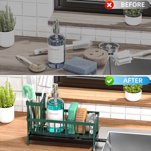 Cisily Kitchen Sink Caddy Organizer - Rustproof 304 Stainless Steel with High Brush Holder | Dark Green, 9.25”