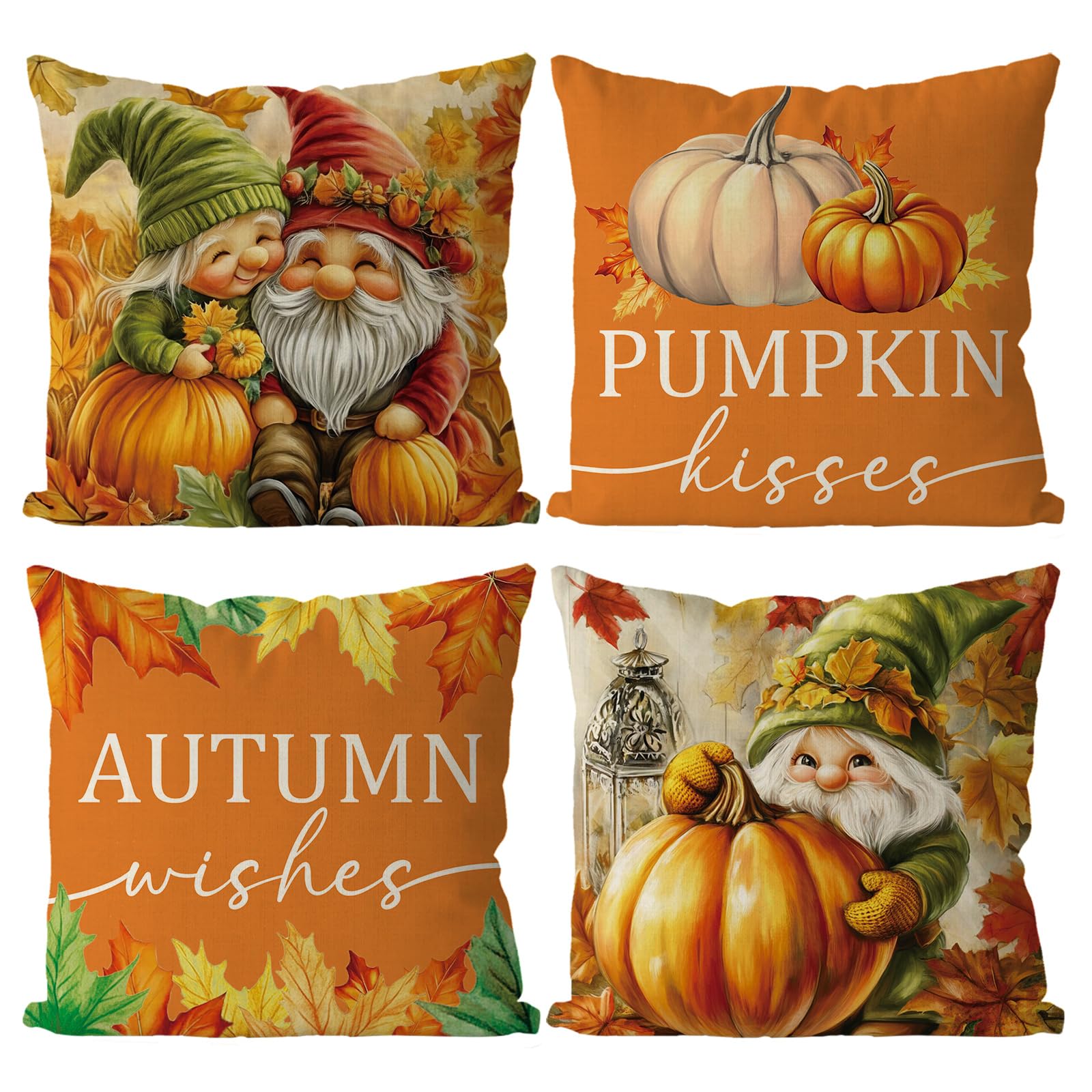 GAGEC Fall Pillow Covers 18x18 Inch Set of 4 Gnomes Pumpkin Maple Leaves Decorative Throw Pillow Covers Harvest Autumn Thanksgiving Pillowcase for Farmhouse Home Sofa Living Room Decor