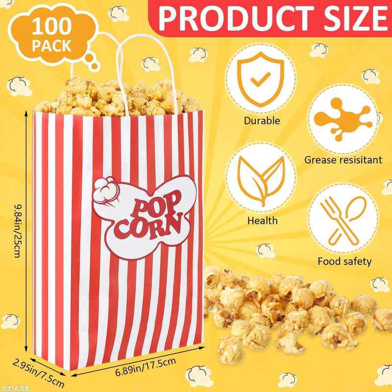 Gersoniel 100pcs 9.84 x 6.89 X2.95 Inch Large Hand-held Popcorn Bag, Classic Striped Popcorn Bag, Flat Bottom Paper Individual Food Tote for Carnival Birthday Movie Night Party Supply(Red and White)
