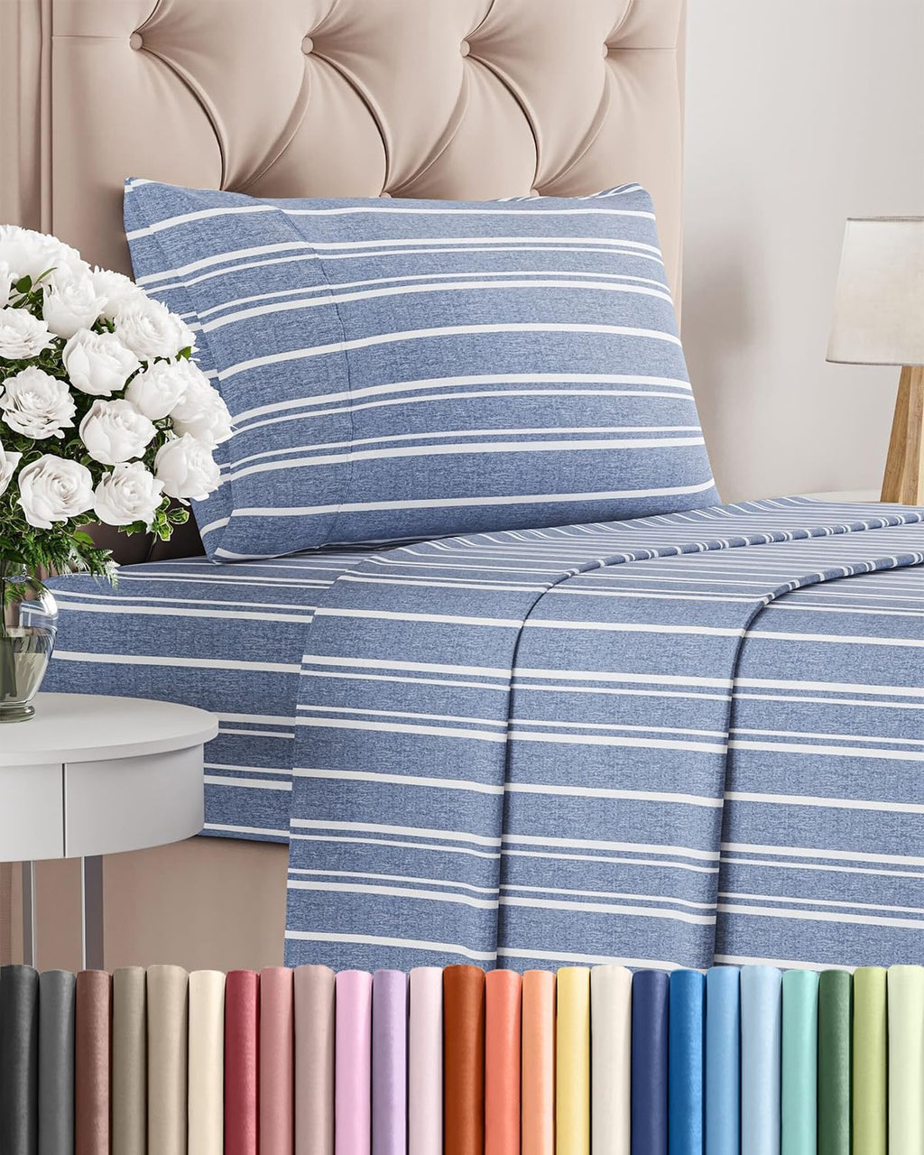 Skiennix Twin Size 3-Piece Sheet Set - Comfy Cooling Bed Sheets with Deep Pockets - Blue Stripes