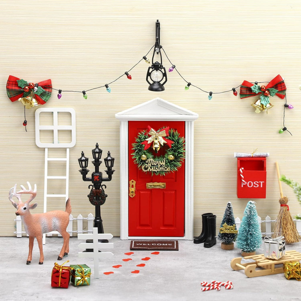 Shappy Christmas Elf Fairy Doors - 39 Pcs Enchanted Wooden Miniature Outdoor Decor | Red