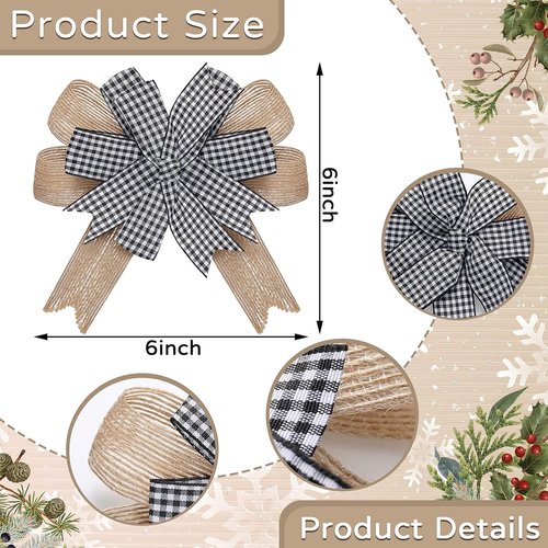 Chuangdi Burlap Wreath Bows - Rustic Buffalo Plaid Decorative Bows for Front Door | 6 Pcs, 6.3 Inch Black & White