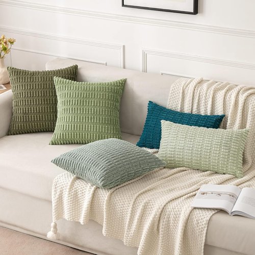 MIULEE Decorative Lumbar Throw Pillow Covers - Soft Boho Striped Design | 20x12 Inch Greyish Green