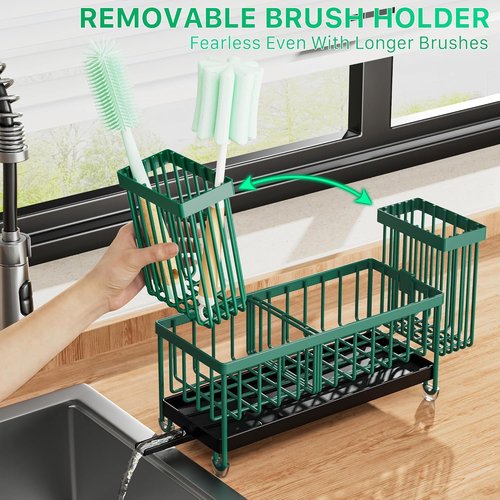 Cisily Kitchen Sink Caddy Organizer - Rustproof 304 Stainless Steel with High Brush Holder | Dark Green, 9.25”