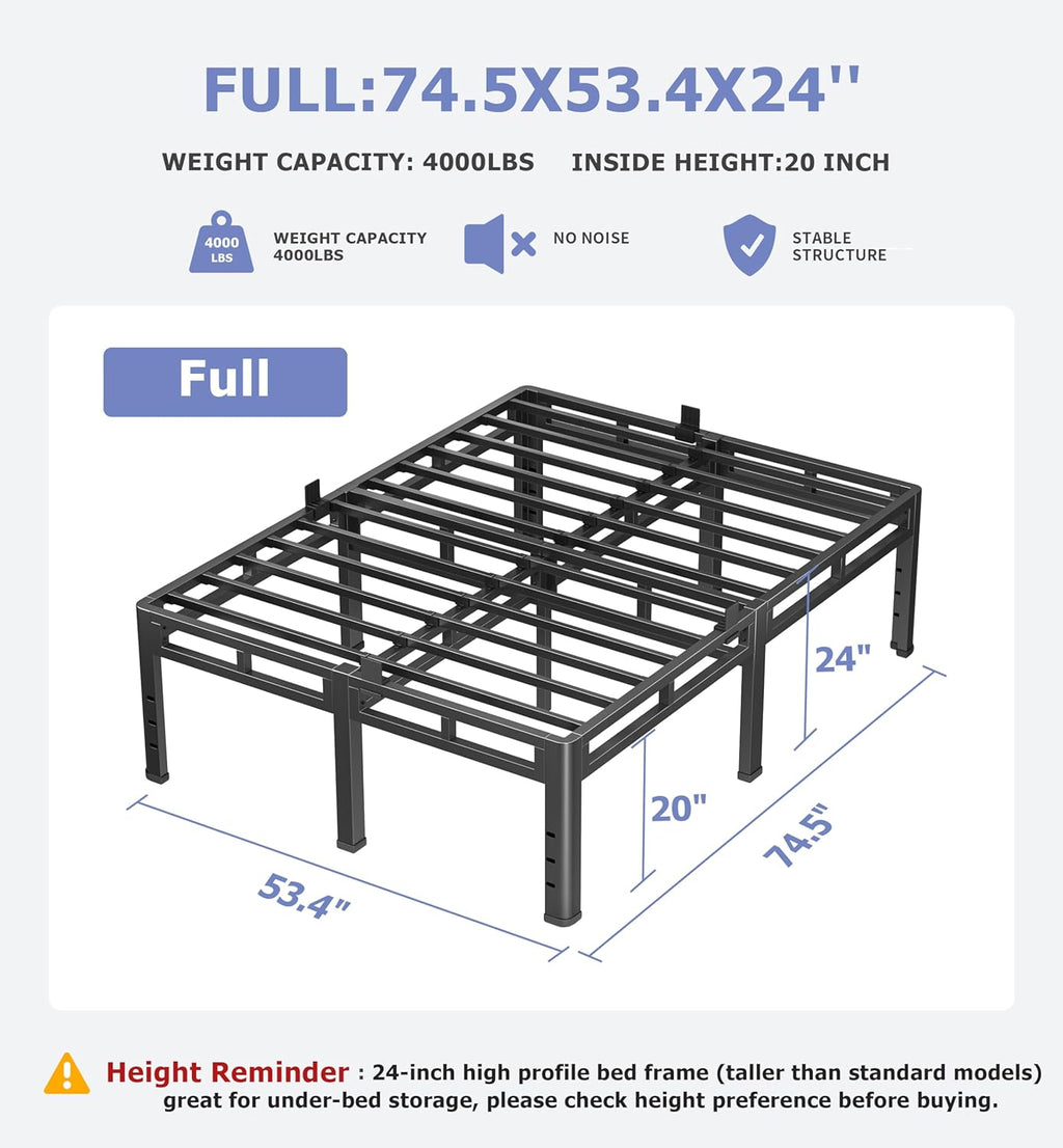 NKZ 24-Inch Full Size Bed Frame - Heavy Duty Metal Platform with Round Corner Legs & Noise-Free Design