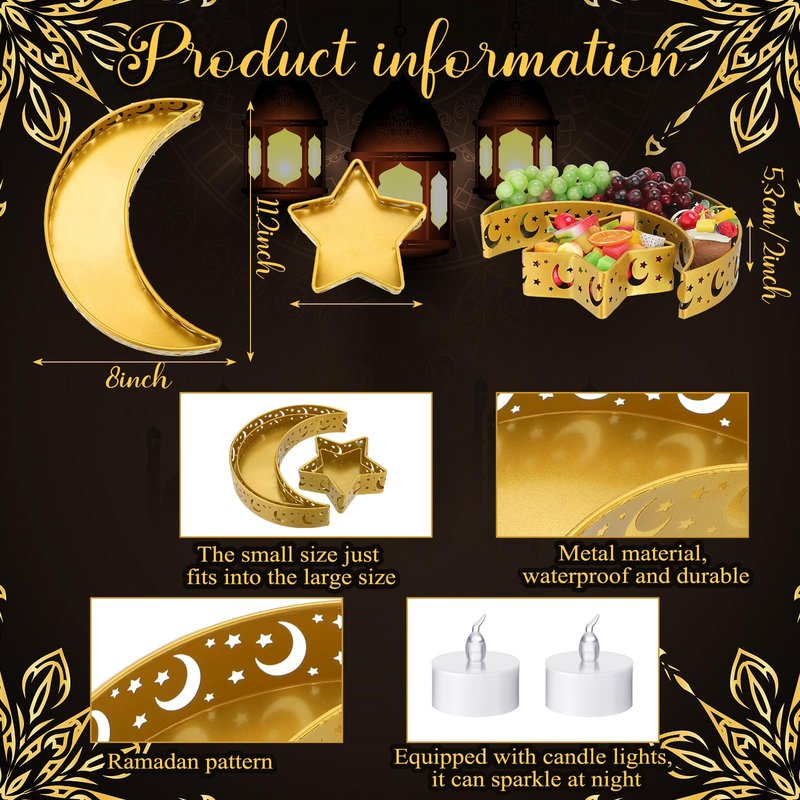 Seeloowy 4 Pcs Eid Mubarak Trays Decor Ramadan Moon Serving Trays Star Islam Muslim Food Serving Tray Iron Tray Decorations for Ramadan Islam Party Dessert Pastry Display Holder Decoration