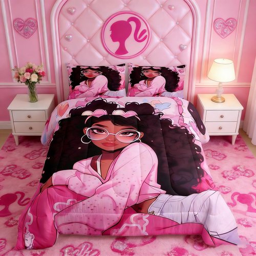Manfei Black Princess Girly Kids Comforter Set Twin Size,Cartoon Love Heart Print Bedding Set,Girls Women Room Decor,African American Little Girls Down Comforter,Pink Dreamy Duvet Insert,1 Pillowcase
