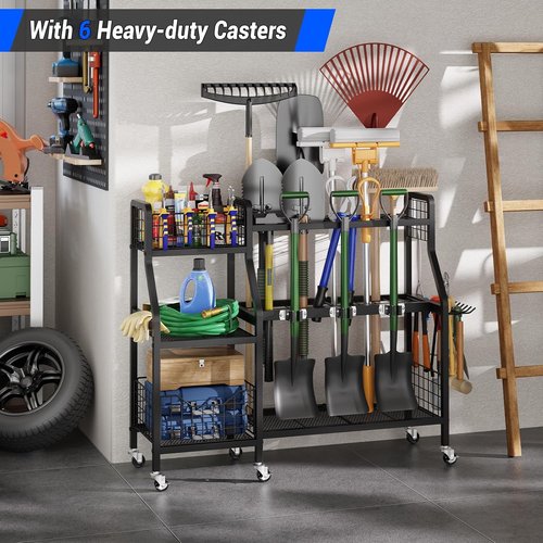 Keomaisyto Garden Tool Organizer - Heavy Duty Metal Storage with 6 Wheels & 2 Baskets | Ideal for Garage, Shed, Yard