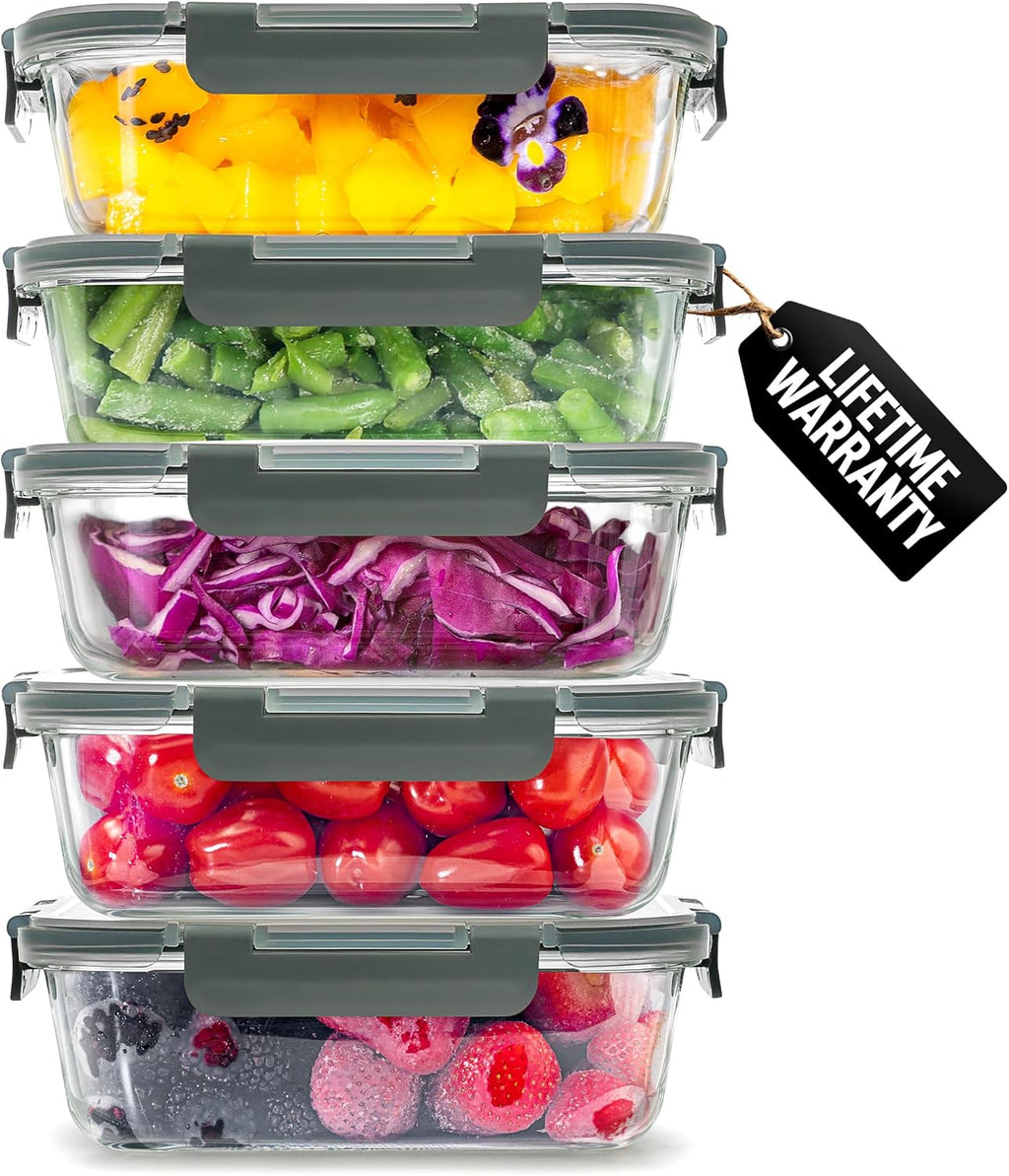 Zulay Kitchen 36oz Glass Tupperware Container Set - 5 Piece BPA-Free Borosilicate Food Storage | Leak-Proof & Oven Safe - Gray