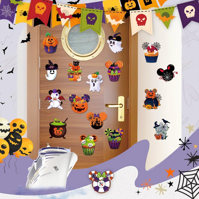 RiVolTa Halloween Cruise Door Decorations - 16 Pcs Mouse Pumpkin Ship Cabin Magnetic Stickers Funny Cute Ghost Boo Anchor Stateroom Magnets Decals Accessories for Carnival Holiday Party Fridge Decor