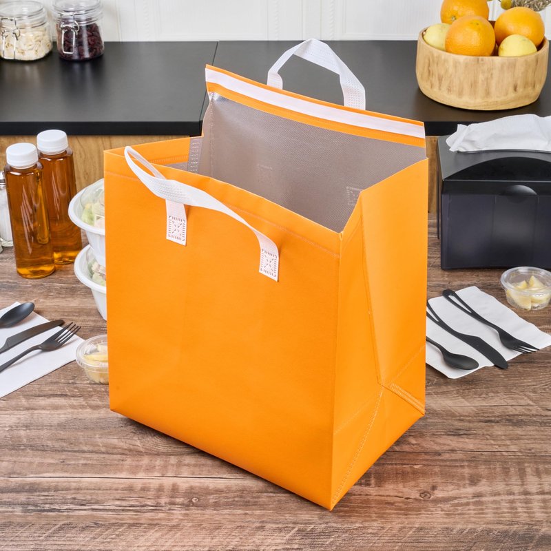 Restaurantware Insulated Delivery Bags 25 Count 11.811 x 7.874 x 12.598 Inches Nonwoven Take Out Bags For Food With Sturdy Handles, Orange Insulated Grocery Bags Tamper-Evident Foldable