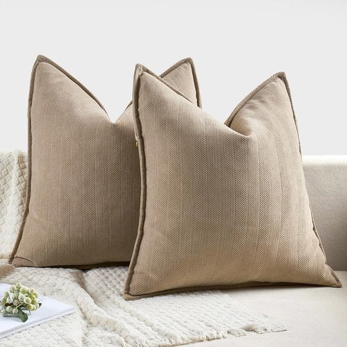 MIULEE Decorative Pillow Covers - Soft Chenille Khaki 20x20 Inch | Luxurious Farmhouse Cushion for Sofa & Bedroom