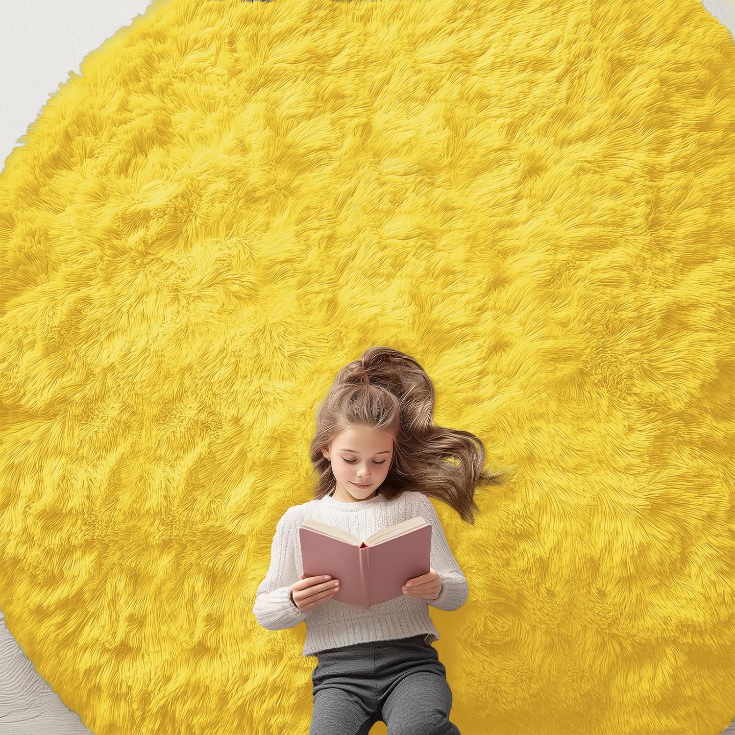 OLANLY Yellow Round Area Rug - Soft, Fluffy, Machine Washable 9 ft Circle Carpet for Bedroom & Living Room Decor
