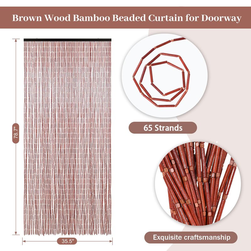 Boshen Handmade Bamboo Beaded Curtains for Doorways, 65 Strands 35.5x78.7inch Natural Wood Boho Hanging Door Beads Curtains Room Divider for Home Decor Hallway Window(Brown)