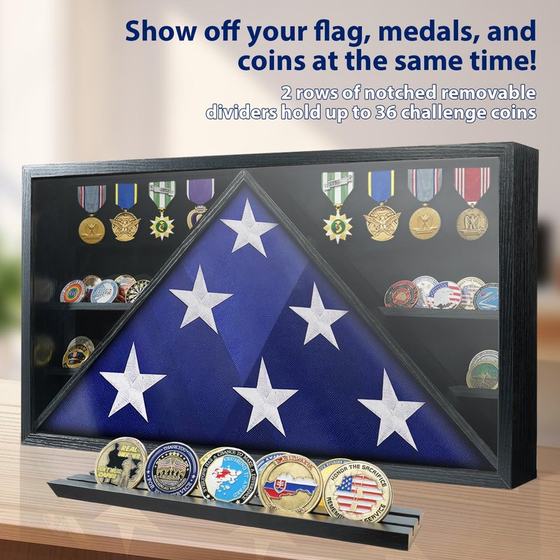 Flag Display Case for Funeral Flag, 5' x 9.5' Military Burial Flag Box with HD Tempered Glass and Removable Dividers, Memorial Flag Frame with Felt Lining for Badges Medals (Black)