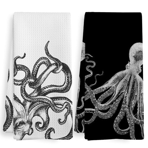 XNXLDYLH Coastal Octopus Decor Dish Hand Tea Towels for Bathroom Kitchen, Octopus Ocean Nautical Beachy Bathroom Decor, Black and White Coastal Nautical Kitchen Towels and Dishcloths Sets of 2,16x24In