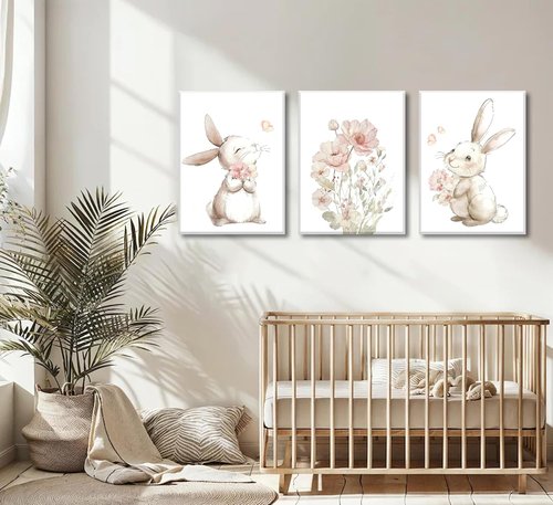 Grengel Pink Girl Nursery Bunny Canvas Wall Art - Cute Rabbit & Wildflowers Decor for Baby Rooms