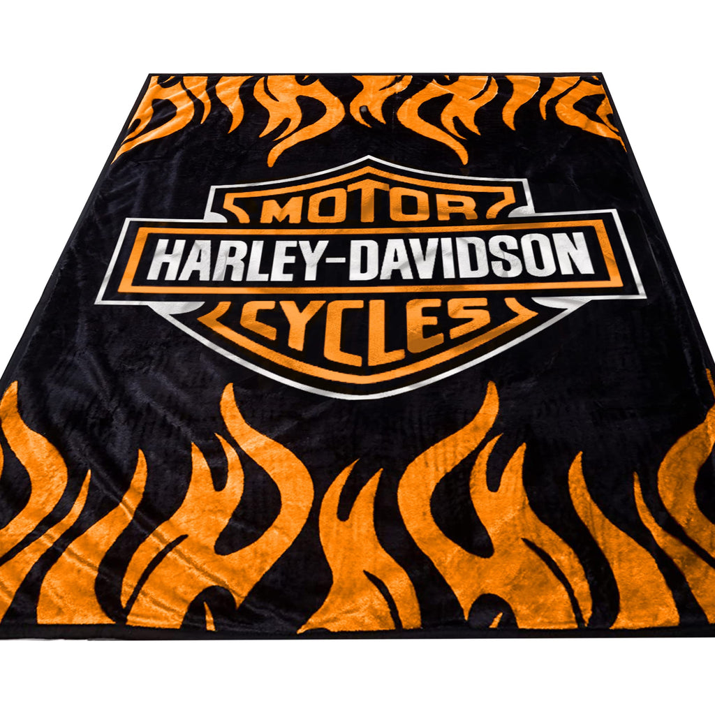 Super Soft Plush Classic Black Harley Davidson Blanket/Throw Full or Queen Size - Orange