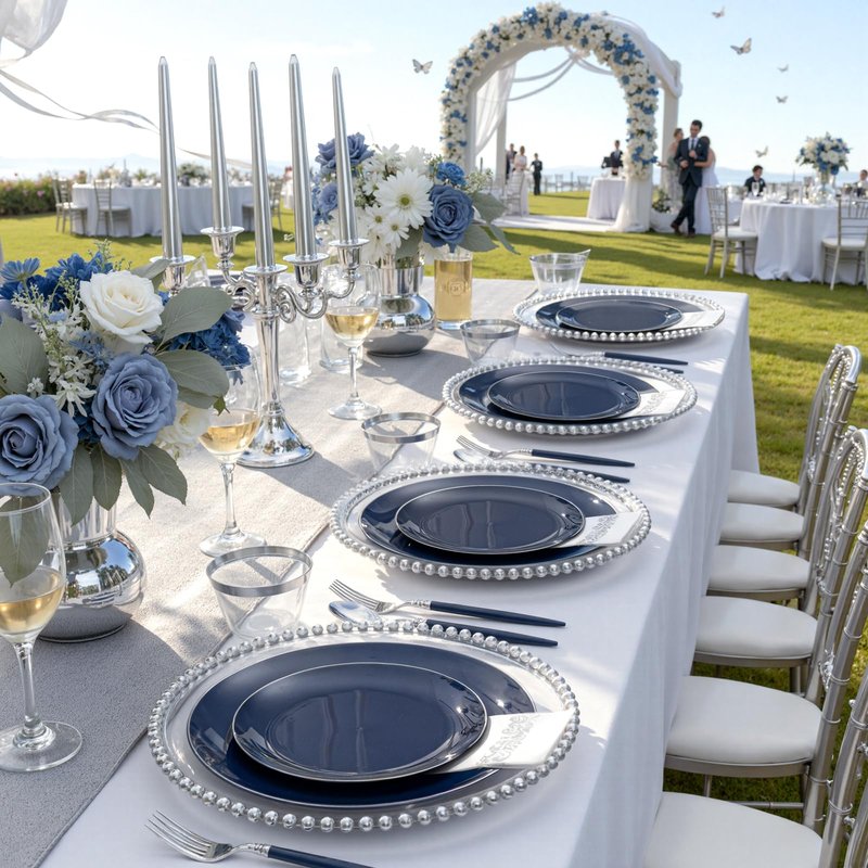 KIRE 175Pcs Blue Plastic Plates with Silver Rim & Disposable Silverware with Blue Handle & Silver-rim Cups & Hand Napkin & Plastic Dinnerware for Parties/Wedding/Graduation/Memorial Day
