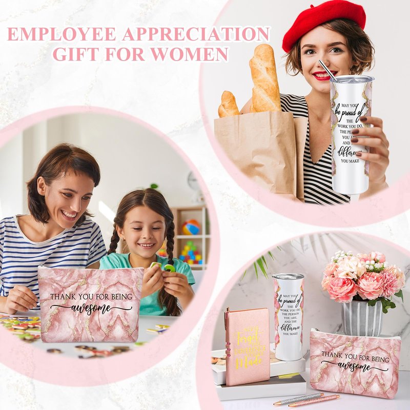 Domensi 6 Pcs Employee Appreciation Gift for Women Teacher Nurse Week Thank You Gift May You Be Proud 20 oz Rustic Marble Sign Tumbler Makeup Bag Journal for Graduation Work Business(Pink)