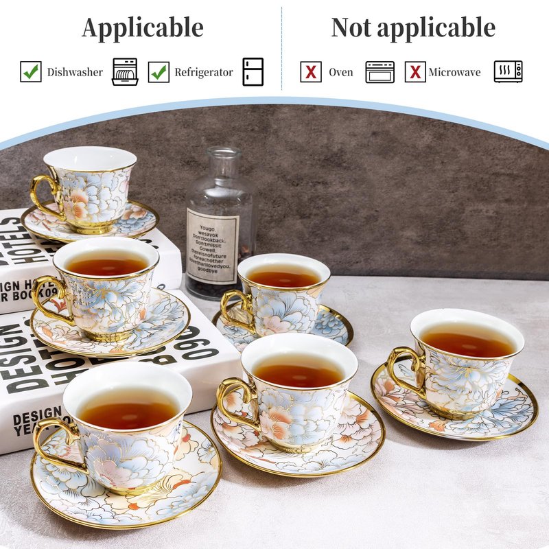 8 OZ Tea Cups and Saucers, 18 PCS Ceramic Vintage Tea Cups Set of 6, Blue Floral Cup Bulk for Cappuccino Coffee Espresso Lattes Afternoon Tea Housewarming Party Supply Thanksgiving Christmas Gifts