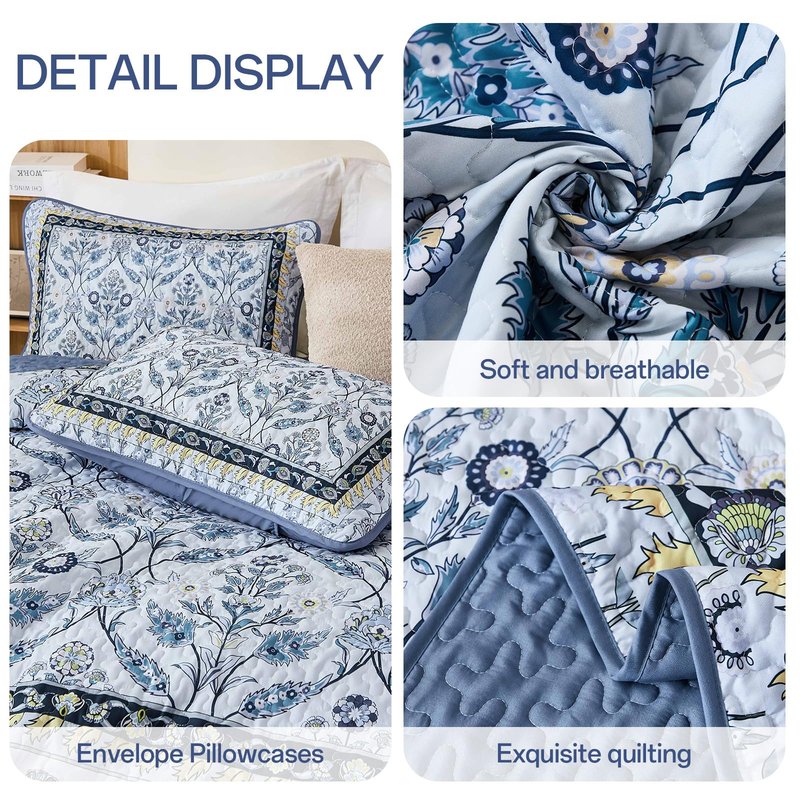 DJY King Size Quilt Sets, Navy Blue Floral Quilt Set King 3 Pieces Boho Bedspread Coverlet Set with 2 Pillowcases Soft Lightweight Microfiber Bedding for All Season (90"x104")
