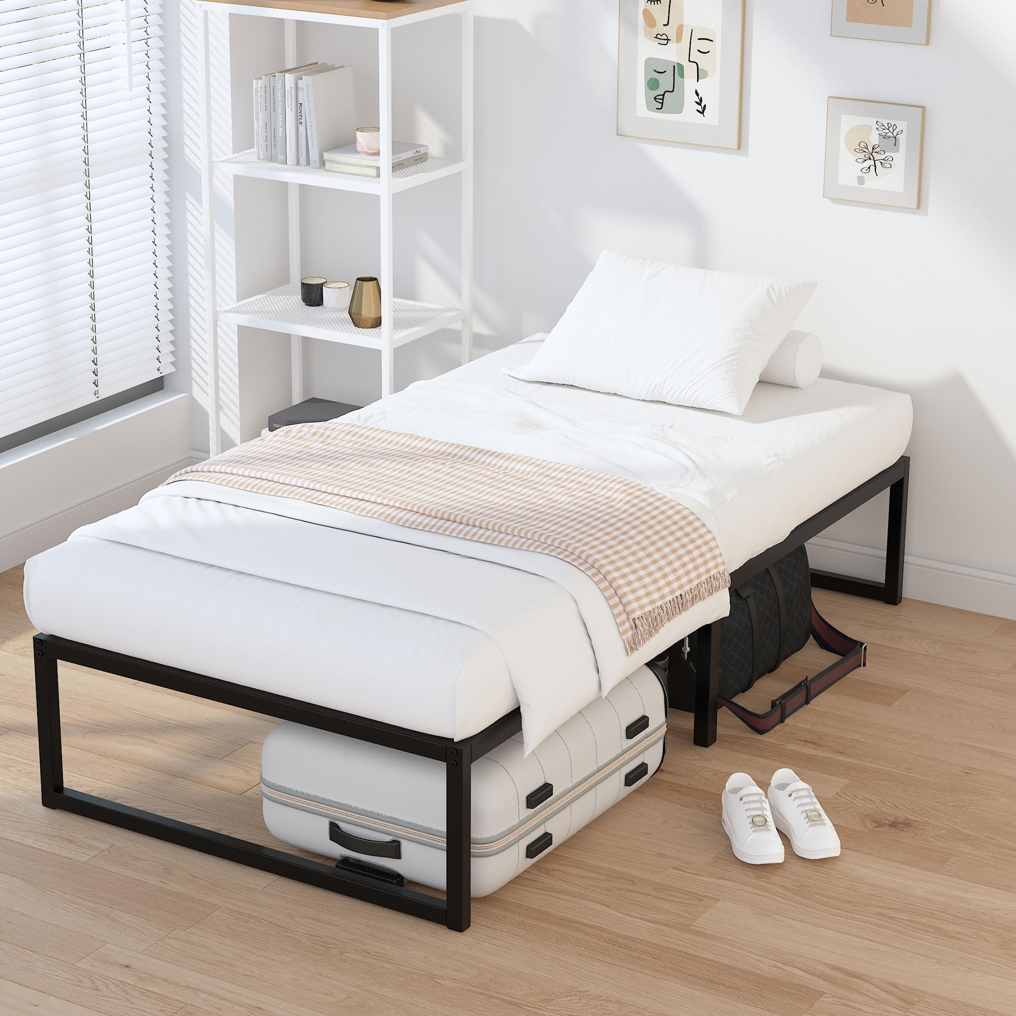 EMODA 14 Inch Narrow Twin Bed Frame 30x75, Heavy Duty Metal Platform No Box Spring Needed, Easy Assembly Noise Free, Black