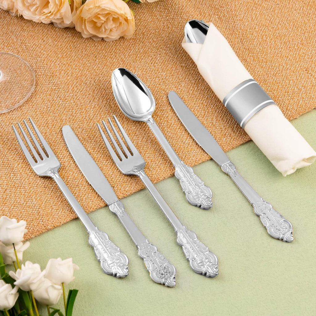 Bestluck 100 Pack Silver Plastic Silverware with Pre Rolled Napkins for 100 Guests, Silver Disposable Utensils Sets Includes 300 Plastic Cutlery, and 100 Napkins for Party & Wedding
