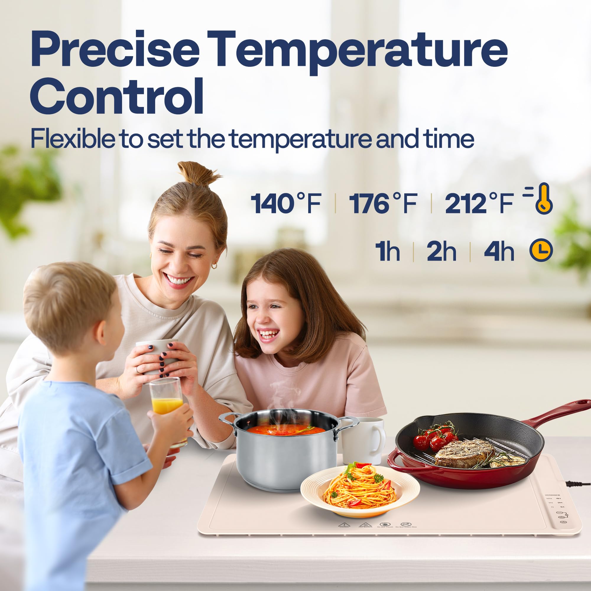 VIVOHOME Food Warming Mat For Buffets, Full Surface Heating 3-Level Temperature and Timer Setting, Automatic Child Safety Lock, Electric Silicone Warmer for Parties, Gatherings and Everyday Use, Cream