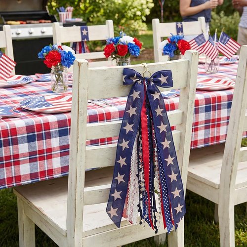 Large Patriotic Wreath by Americana | 8-Ribbon Star Bow with Metal Clip - Red, White & Blue Decor