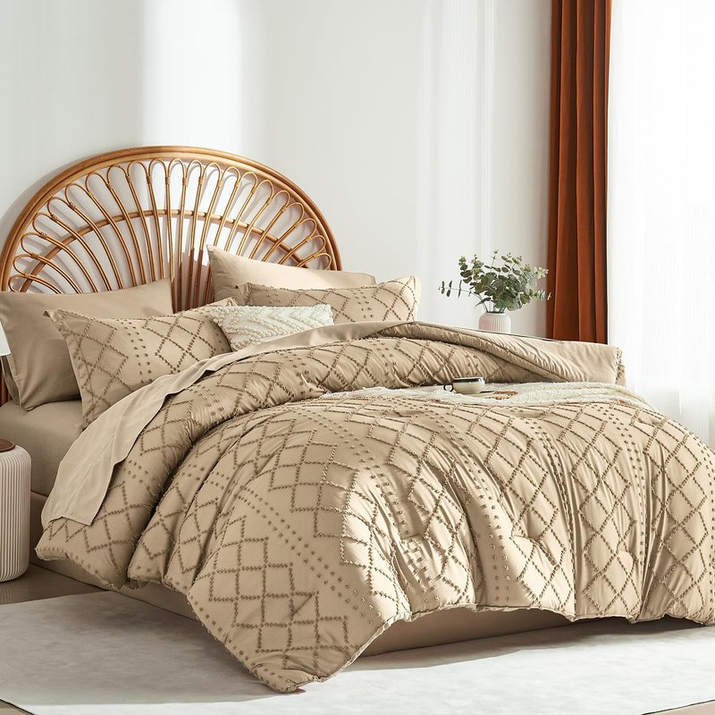 ALAOOKKA Khaki Tufted Comforter Set Queen Size 7 Piece Bed in a Bag,Shabby Chic Boho Comforter and Sheet Set,All Season Soft Microfiber Complete Bedding Set(Khaki,90"x90")