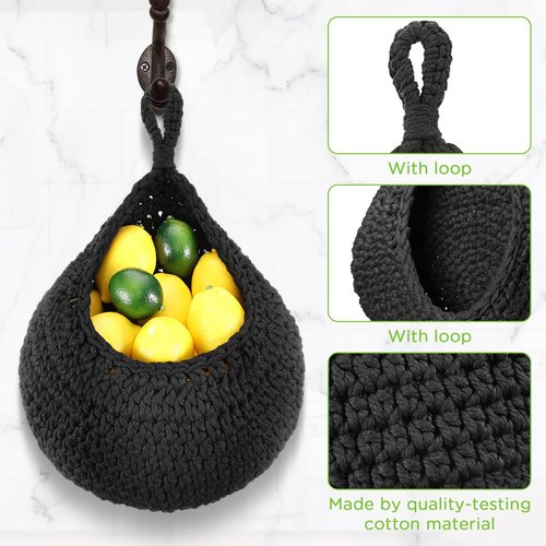 Dandat 3 Pcs Large Hanging Fruit Baskets for Kitchen Teardrop Hanging Wall Baskets Bohemian Handwoven Holder for Kitchen Vegetable Onion Potato Storage Pantry Decoration(Black)